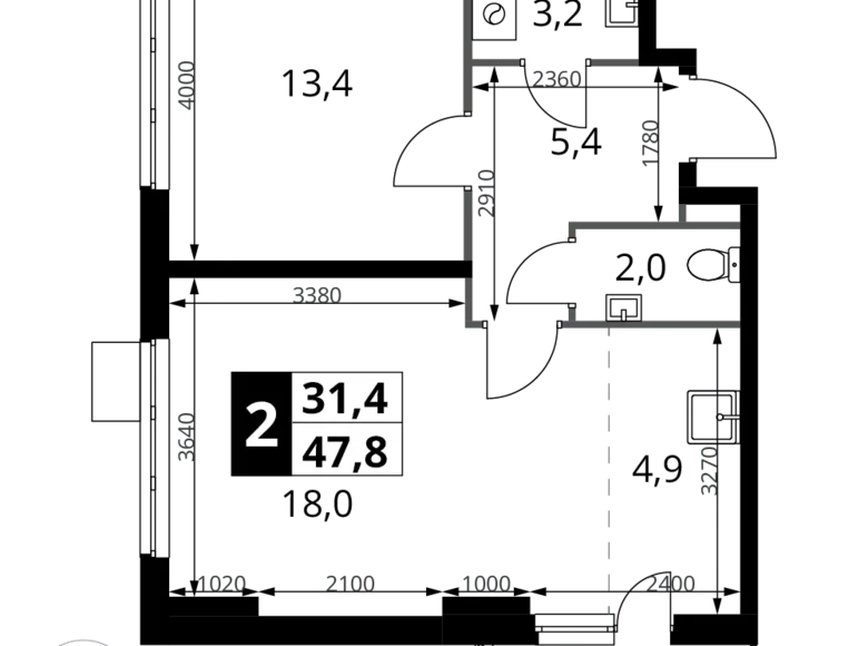 Appartement 2 chambres 48 m² Potapovo, Fédération de Russie