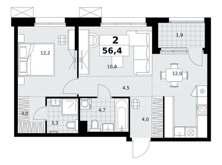 2 room apartment 56 m² Kommunarka, Russia