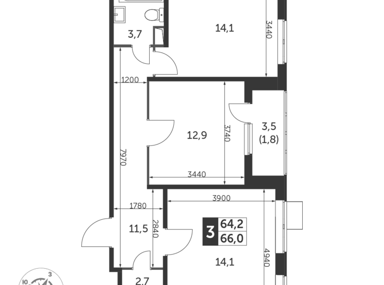 Appartement 3 chambres 65 m² Lioubertsy, Fédération de Russie