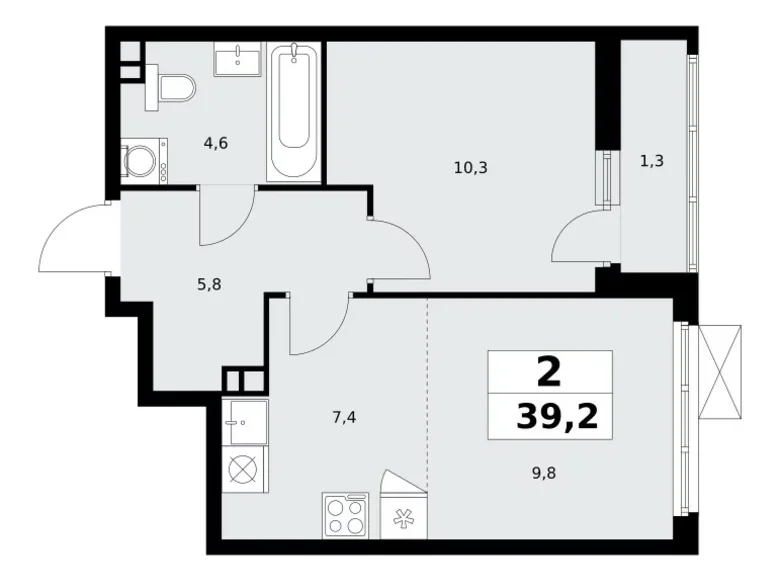 2 room apartment 39 m² Moscow, Russia