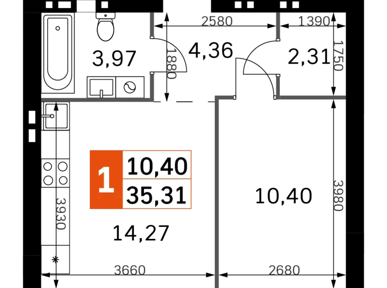 Mieszkanie 1 pokój 35 m² Odincovskiy gorodskoy okrug, Rosja