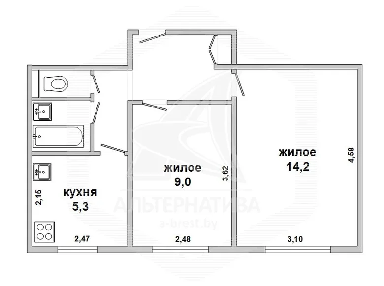 Mieszkanie 2 pokoi 38 m² Brześć, Białoruś