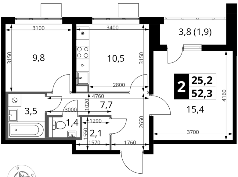 Квартира 2 комнаты 52 м² Ленинский район, Россия