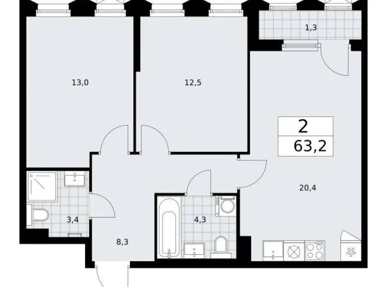 Квартира 2 комнаты 63 м² район Троицк, Россия