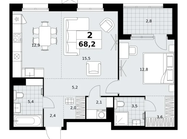 2 room apartment 68 m² Kommunarka, Russia