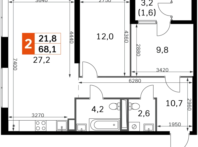 2 room apartment 68 m² Moscow, Russia