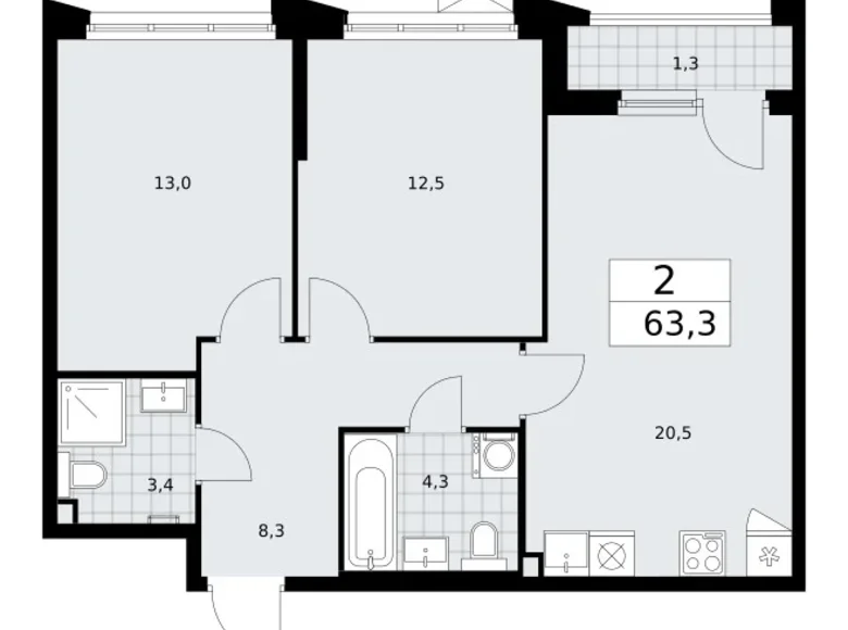 Apartamento 2 habitaciones 63 m² Troitsk, Rusia