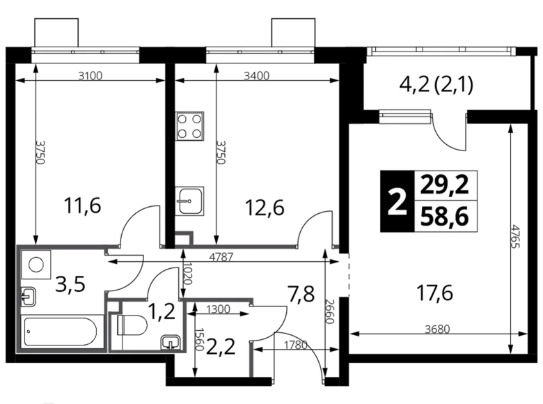 Квартира 2 комнаты 59 м² район Некрасовка, Россия