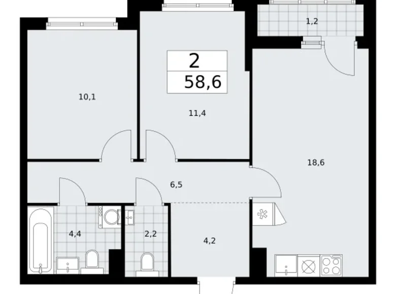 2 room apartment 59 m² Troitsk, Russia