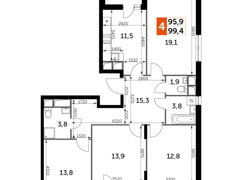 Mieszkanie 4 pokoi 99 m² Razvilka, Rosja