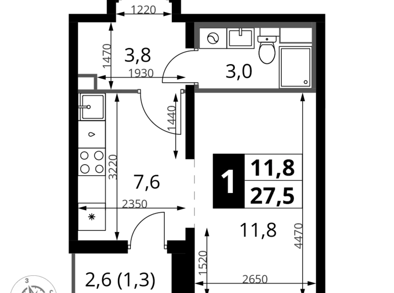 Студия 1 комната 28 м² Ленинский район, Россия