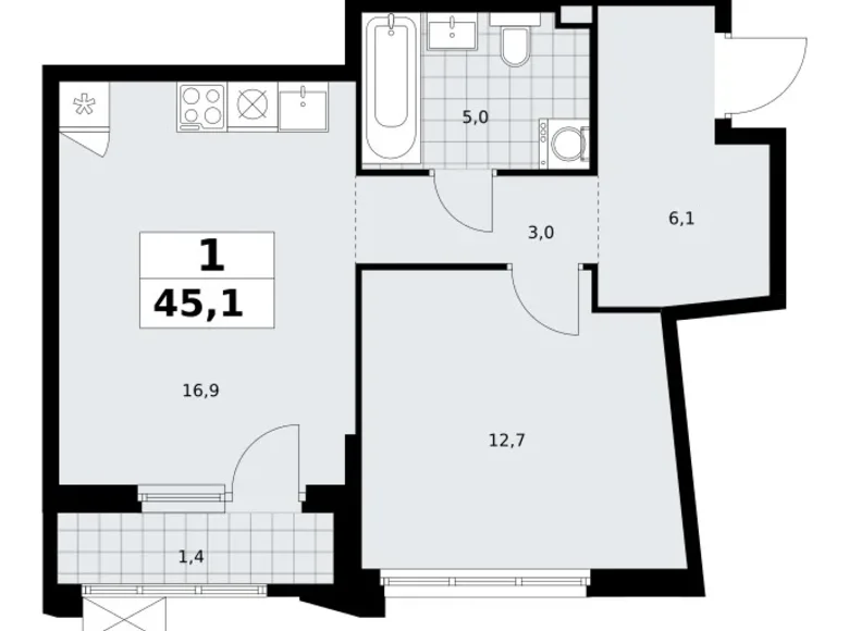 Квартира 1 комната 45 м² район Троицк, Россия
