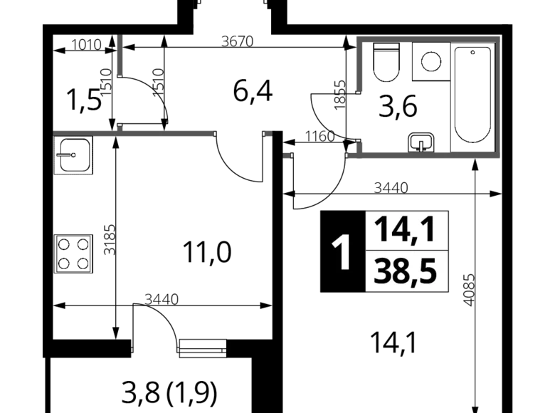 Mieszkanie 1 pokój 38 m² Nekrasovka District, Rosja