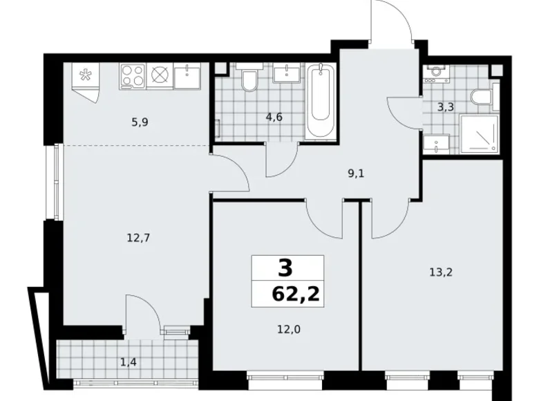 Appartement 3 chambres 62 m² poselenie Sosenskoe, Fédération de Russie