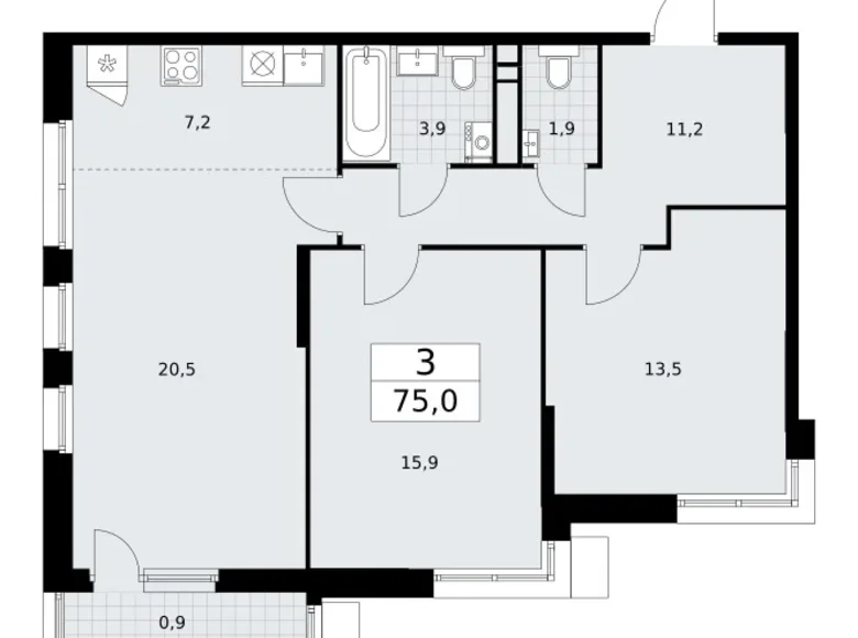3 room apartment 75 m² Vnukovo, Russia