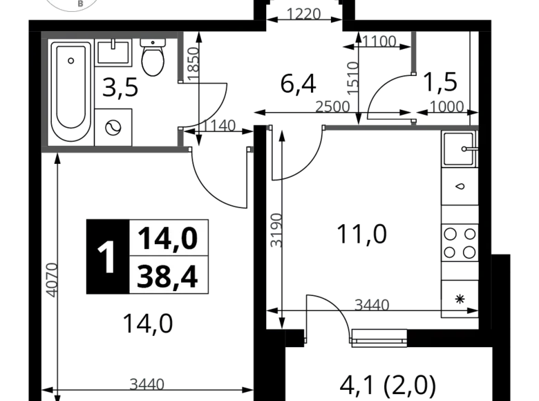 1 room apartment 38 m² Leninsky District, Russia