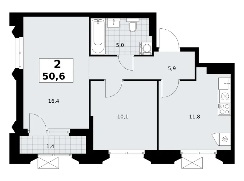 2 room apartment 51 m² Troitsk, Russia