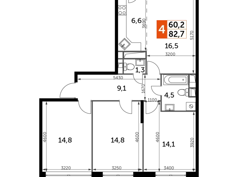 4 room apartment 83 m² Veshki, Russia