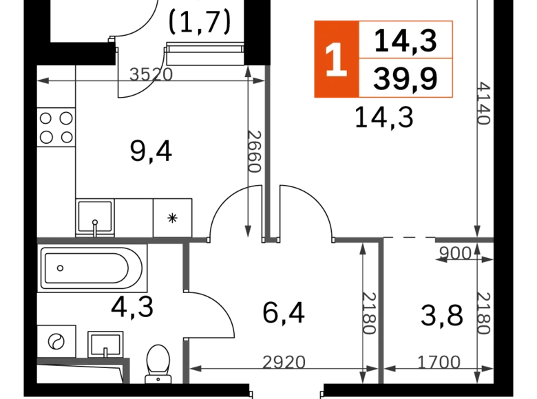 Квартира 1 комната 40 м² Москва, Россия