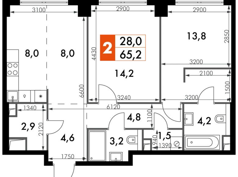 3 room apartment 65 m² North-Western Administrative Okrug, Russia