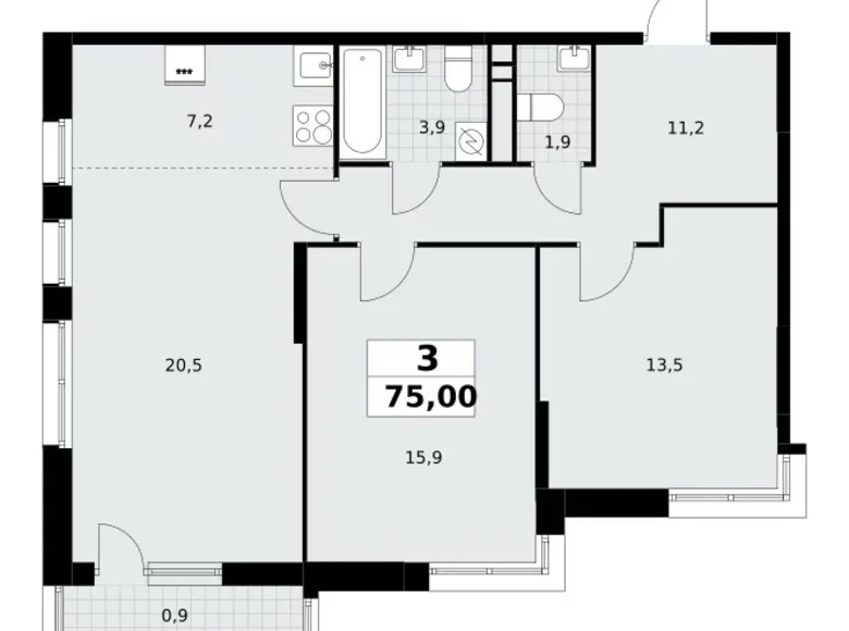 3 room apartment 75 m² Postnikovo, Russia