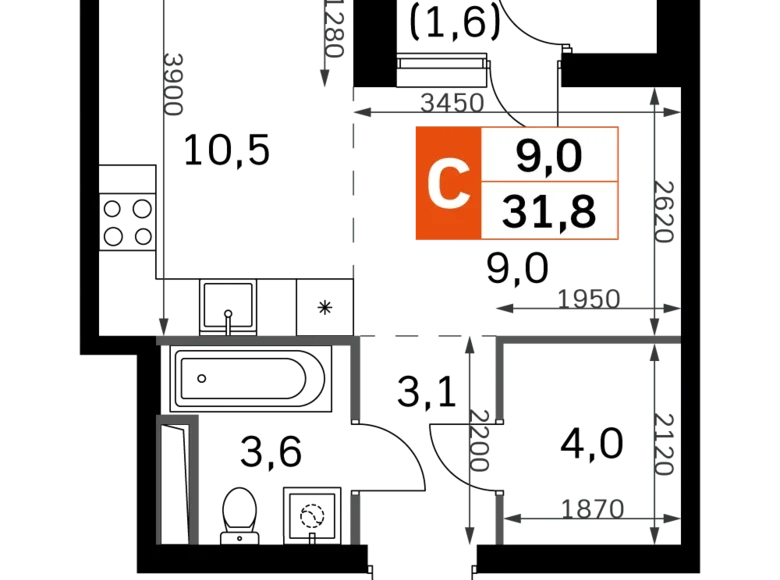 Студия 1 комната 32 м² Москва, Россия