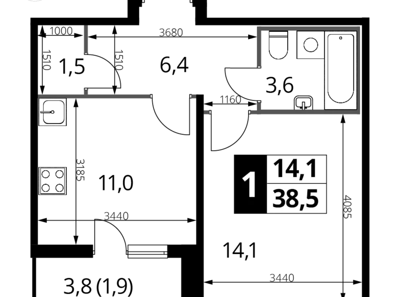 Mieszkanie 1 pokój 38 m² Nekrasovka District, Rosja