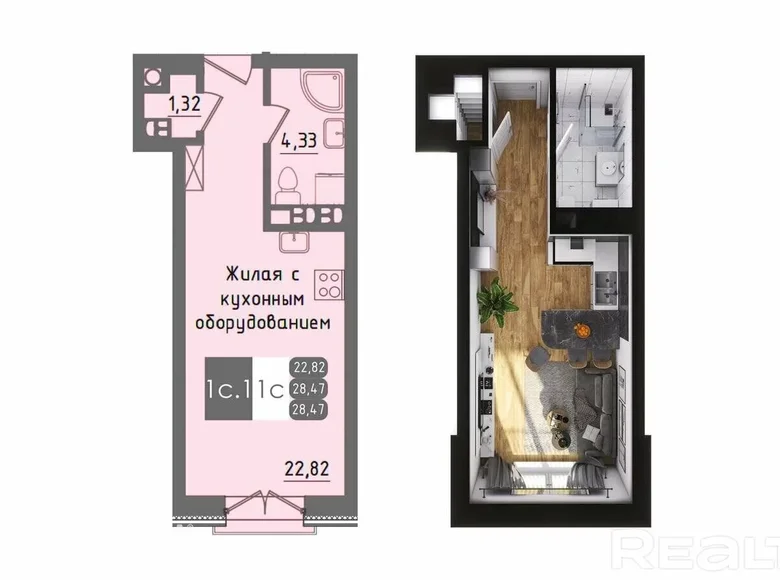 1 room studio apartment 28 m² maculiscy, Belarus