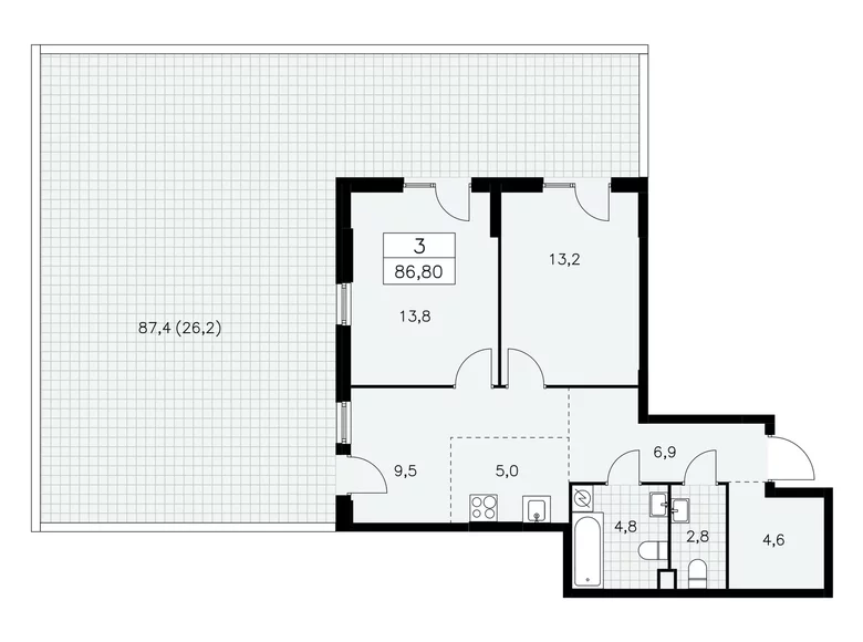 3 room apartment 87 m² South-Western Administrative Okrug, Russia