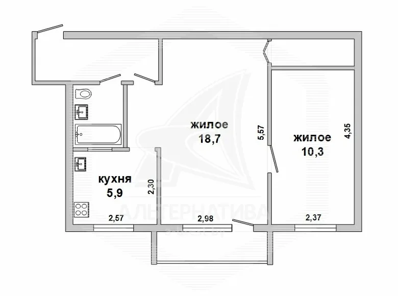 2 room apartment 45 m² Belaazersk, Belarus