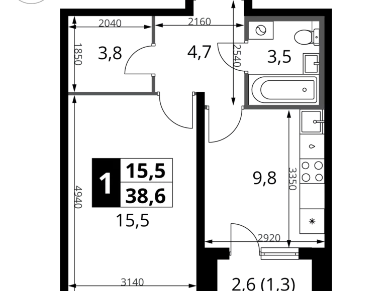 Apartamento 1 habitación 39 m² Potapovo, Rusia