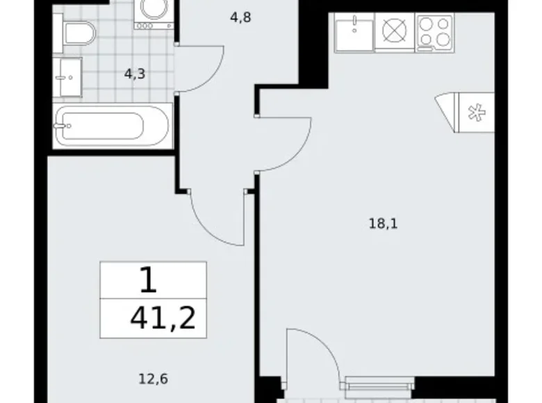 1 room apartment 41 m² Troitsk, Russia