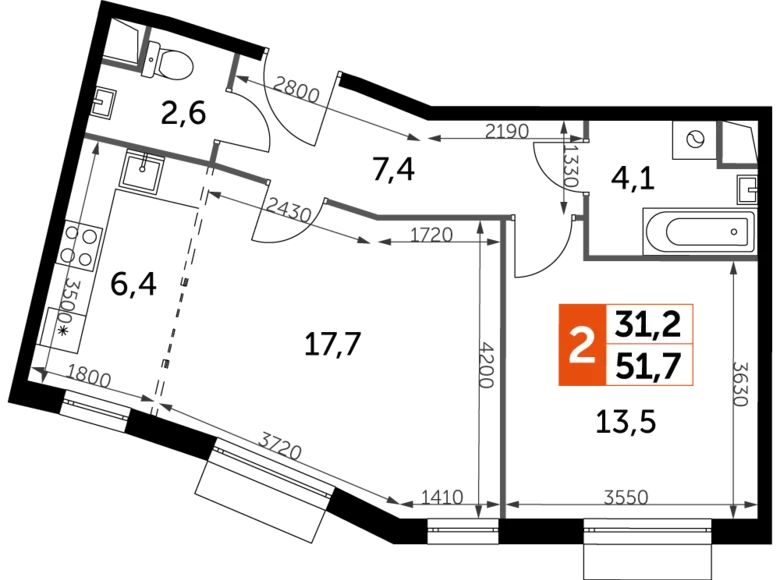 Квартира 2 комнаты 52 м² Развилка, Россия