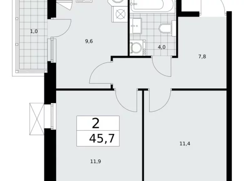 2 room apartment 46 m² Moscow, Russia