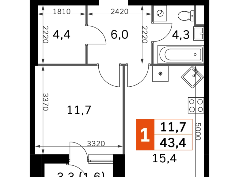 Apartamento 1 habitación 43 m² Moscú, Rusia