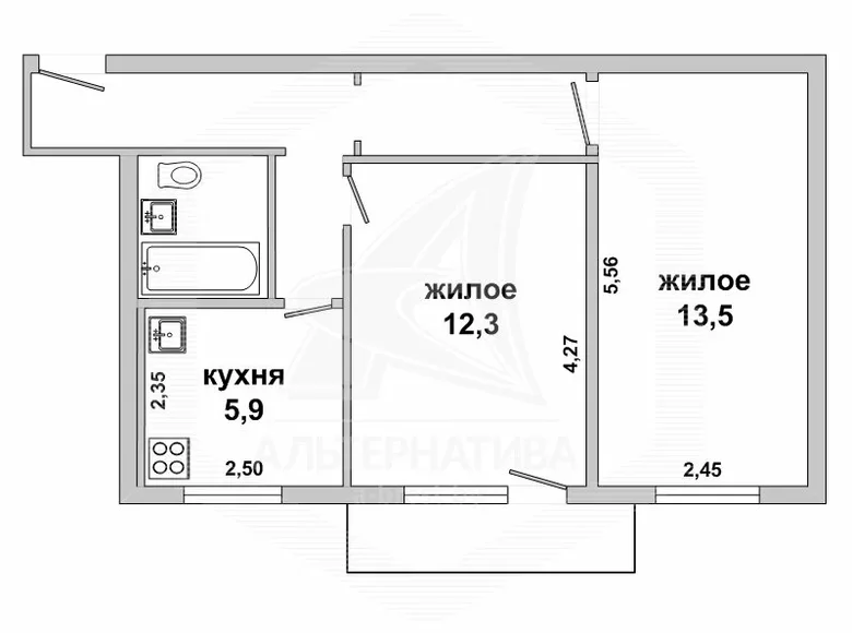 1 room apartment 44 m² Brest, Belarus