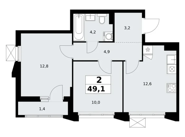 2 room apartment 49 m² Troitsk, Russia