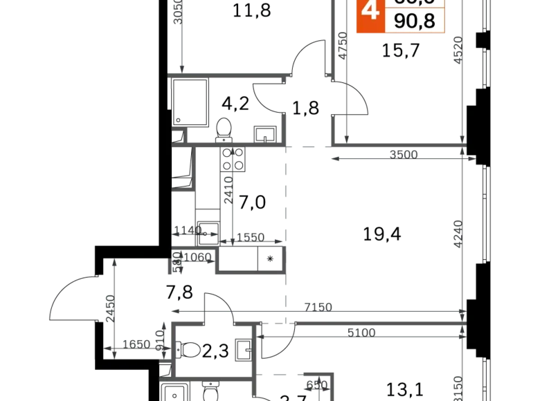 4 room apartment 91 m² North-Western Administrative Okrug, Russia