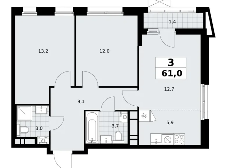 3 room apartment 61 m² poselenie Sosenskoe, Russia