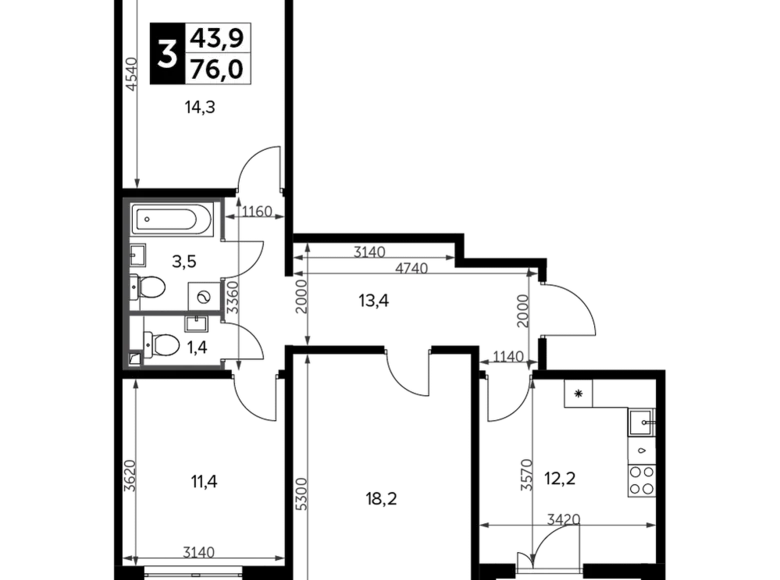 3 room apartment 77 m² Leninsky District, Russia