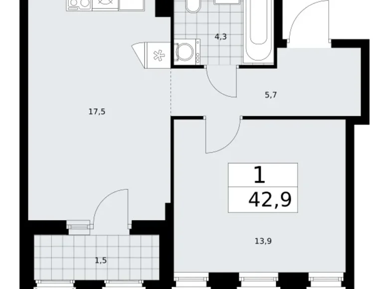 1 room apartment 43 m² Troitsk, Russia