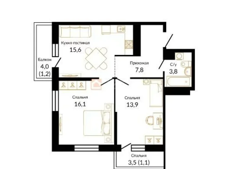 2 room apartment 59 m² Krasnodar, Russia