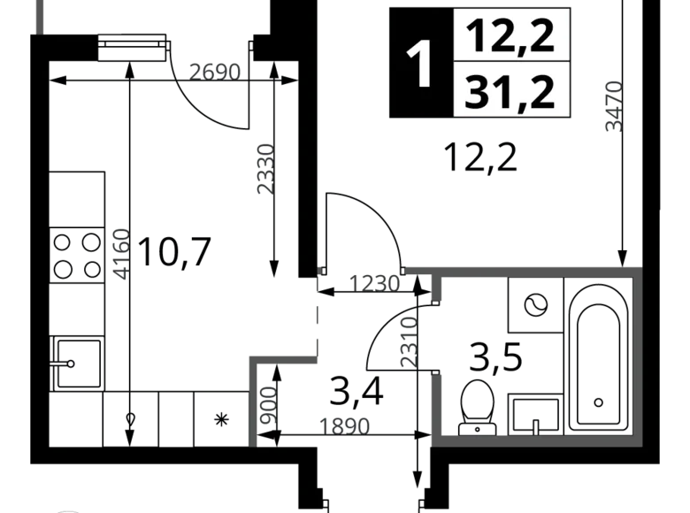 Mieszkanie 1 pokój 31 m² rejon leniński, Rosja