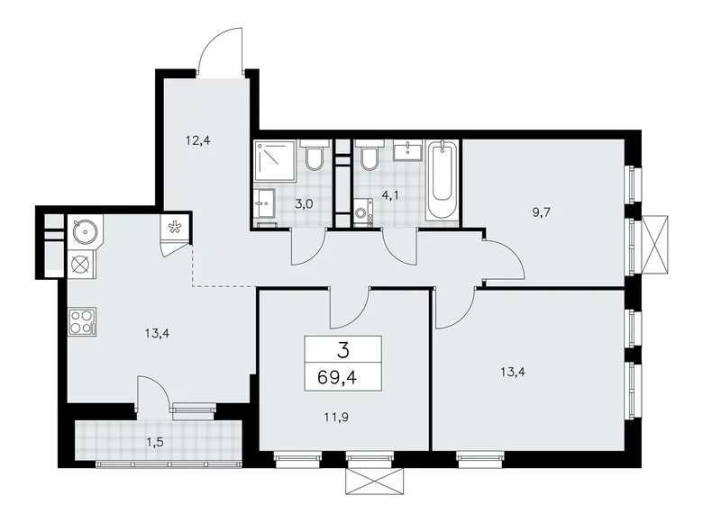 3 room apartment 69 m² Moscow, Russia