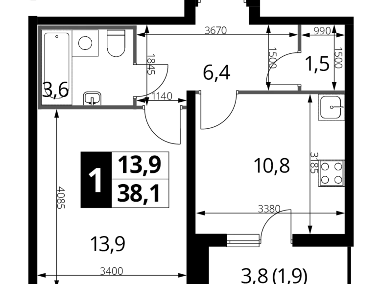 Mieszkanie 1 pokój 38 m² Nekrasovka District, Rosja