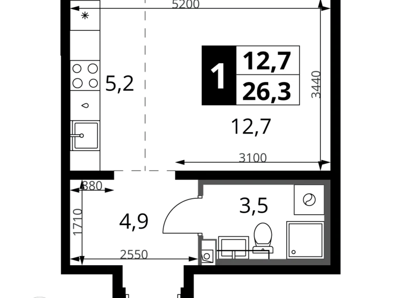 1 room studio apartment 26 m² Leninsky District, Russia