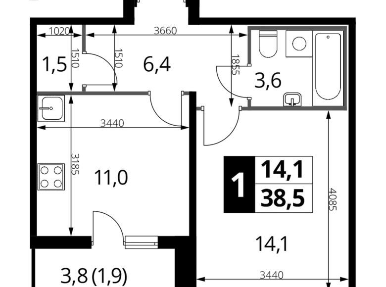 Mieszkanie 1 pokój 38 m² Nekrasovka District, Rosja