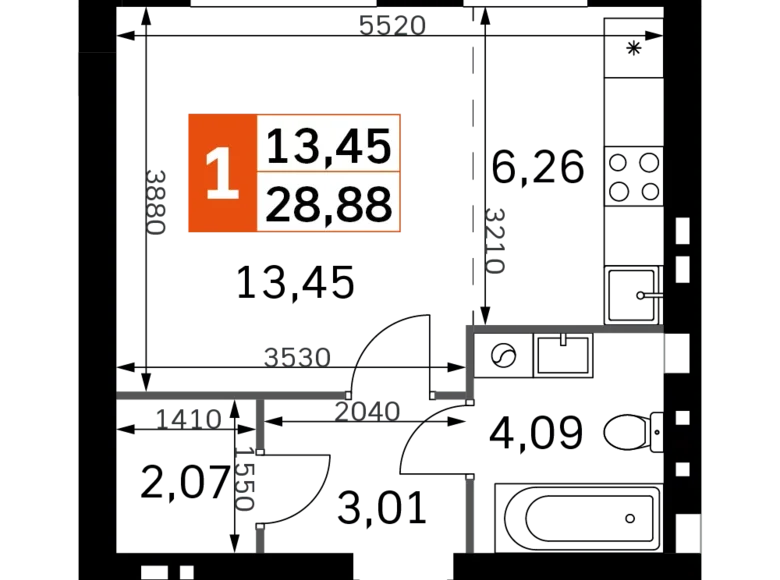 Квартира 1 комната 29 м² Одинцовский городской округ, Россия