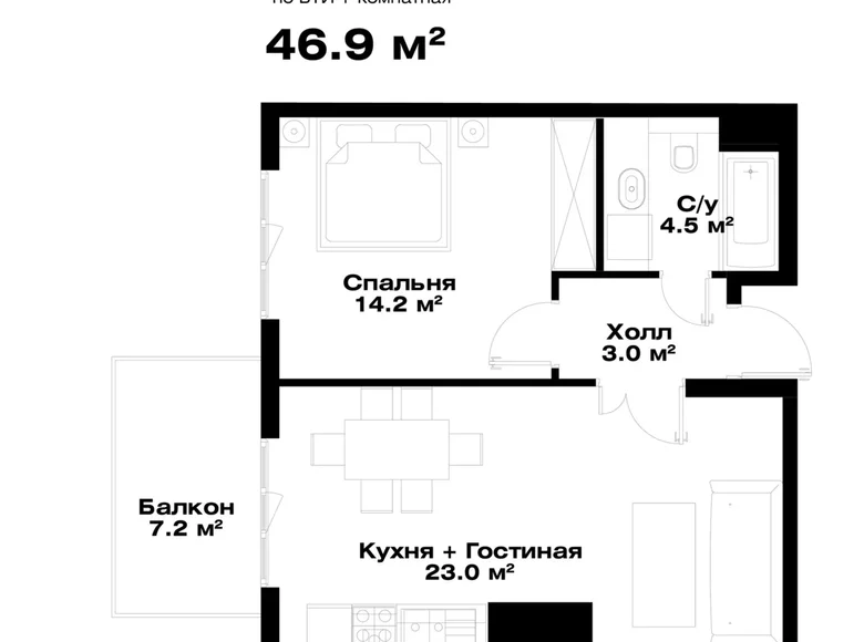 Kvartira 1 xona 47 m² Toshkentda