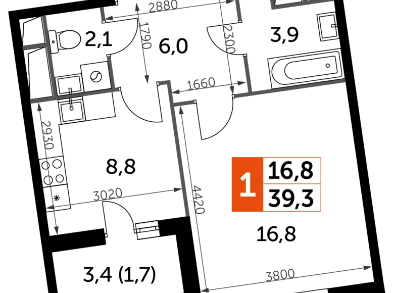 Квартира 1 комната 39 м² Развилка, Россия